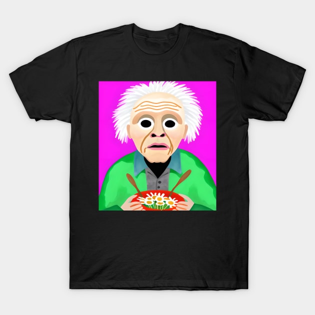 ai generated aging old man eating daisies T-Shirt by Catbrat